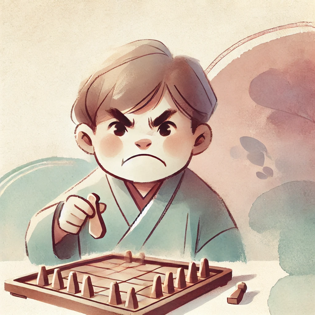 DALL·E 2025 03 22 23.59.22 A minimalistic and watercolor style illustration of an angry child playing a traditional game. The child has a frustrated expression gripping a woode